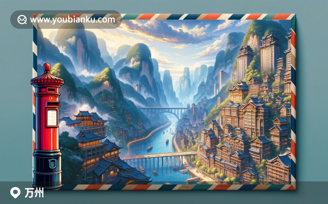 萬州區(qū)插圖：巫峽山川、特色辣子雞及帶有404100郵編的中國郵政明信片