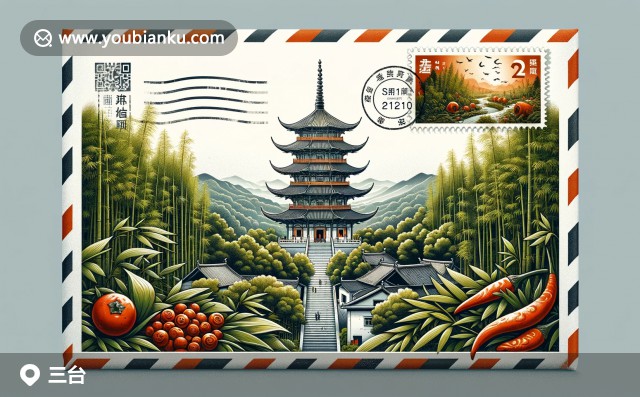 四川省綿陽市三臺縣地標(biāo)-三臺塔、竹林、辣椒花椒與熊貓郵票的現(xiàn)代藝術(shù)呈現(xiàn)，郵編621100