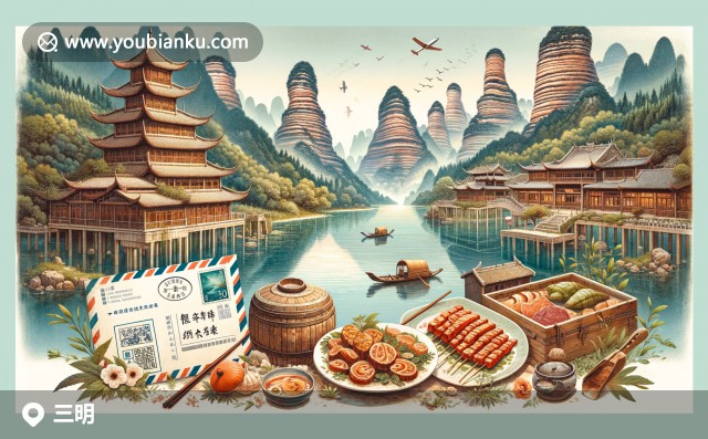 三明大金湖丹霞風(fēng)光與明清園古村落，展示福建自然與文化，結(jié)合特色美食與航空郵政元素