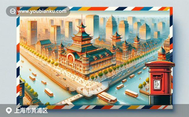 上海黃浦區(qū)地域特色插圖，展現(xiàn)外灘建筑、南京路繁忙景象及豫園古典之美