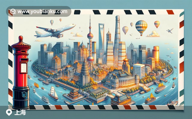 上海地標(biāo)與郵政元素完美融合，展現(xiàn)現(xiàn)代城市風(fēng)貌與郵政文化