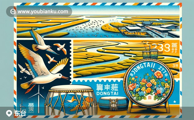 東臺市地標(biāo)：黃海濕地的鳥類、傳統(tǒng)東臺鼓與特色鹽水鴨郵票圖案