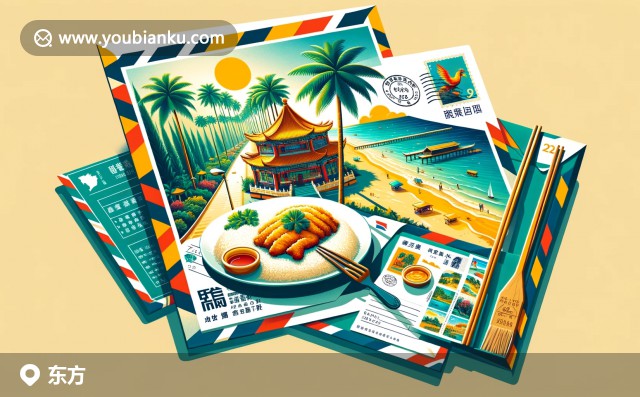東方市椰子掌畫廊與海南雞飯?zhí)厣娇锗]件中的地方風情明信片