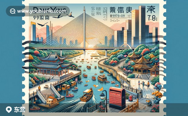 航空信封上的東營(yíng)風(fēng)光：黃河、勝利油田與廣利河的美麗交匯，配以東營(yíng)郵票和257100郵政編碼