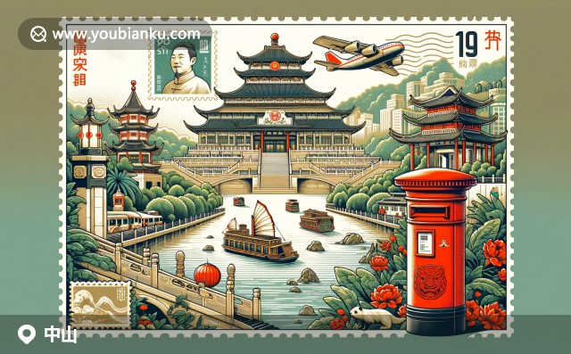 插圖展示了大連中山廣場、大連港口和海參，帶有中國傳統(tǒng)郵政元素的現(xiàn)代設(shè)計(jì)