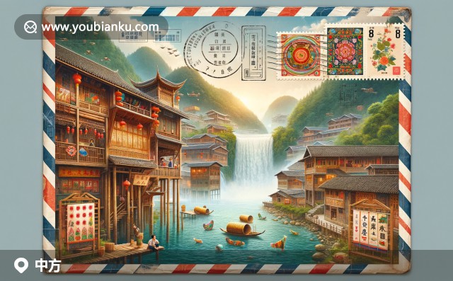 超大航空信封上的中方縣文化特色：芙蓉鎮(zhèn)瀑布、傳統(tǒng)臘肉展示與苗族刺繡細(xì)節(jié)