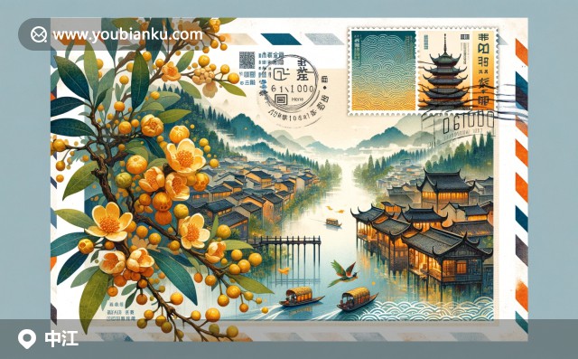 中江縣郵票藝術(shù)封面 - 羅江古鎮(zhèn)，桂花樹，川劇面具與水彩風(fēng)格的郵政編碼618100