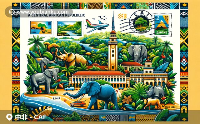 中非共和國豐富多彩的自然與文化，展現(xiàn)地標建筑、熱帶雨林和野生動物，融合郵政元素
