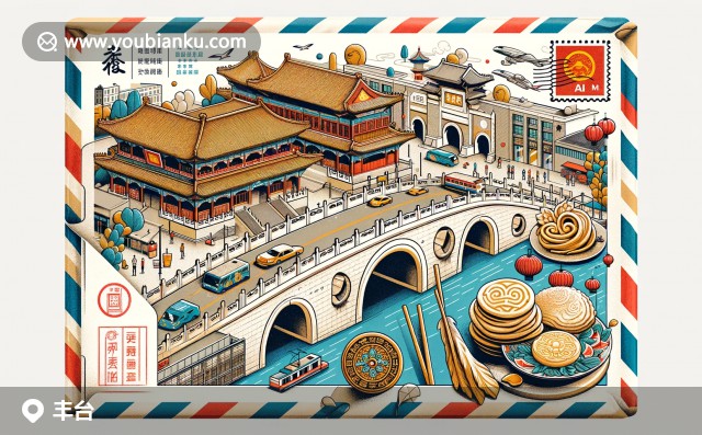 創(chuàng)意十足的豐臺區(qū)地標藝術(shù)插畫，融合盧溝橋、豐臺火車站及煎餅在郵票上的獨特呈現(xiàn)