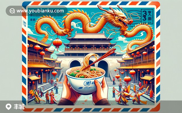 現(xiàn)代插畫(huà)：豐城市傳統(tǒng)風(fēng)情 - 宜豐門(mén)、舞龍表演與干燒面，郵戳331100