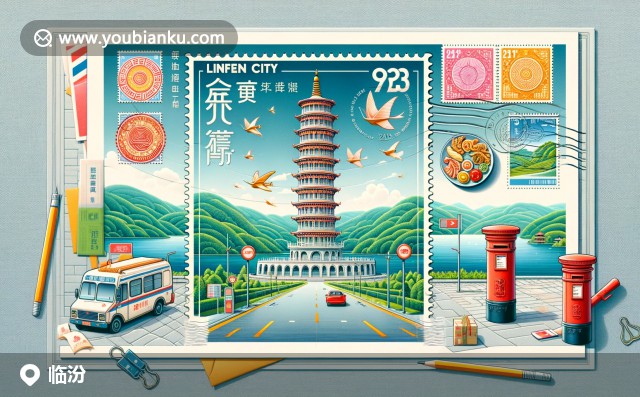 臨汾特色美食和文化元素的航空郵件信封，呈現(xiàn)牛肉丸子面、曲沃羊湯和吳家熏肉，邊緣裝飾有剪紙和鑼鼓元素