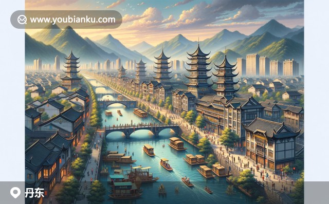 現(xiàn)代插圖展現(xiàn)丹東鴨綠江大橋與高麗街，下方融入海鮮元素的雜色蛤郵票，航空信封形式呈現(xiàn)地域文化與郵政元素