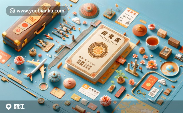 麗江郵政編碼主題插圖，呈現(xiàn)玉龍雪山、古城建筑和納西族舞蹈，現(xiàn)代風(fēng)格色彩豐富