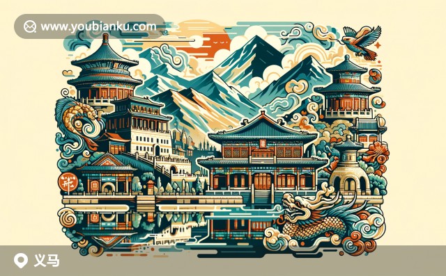 壯麗的黃河壺口瀑布，三門峽大壩標(biāo)志與傳統(tǒng)河南燴面在現(xiàn)代插畫中的融合，展示郵政文化精髓