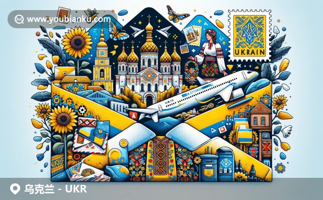 烏克蘭地域特色和郵政元素融合，展現(xiàn)國(guó)旗色彩、圣索菲亞大教堂、黑海標(biāo)志、傳統(tǒng)刺繡衣和向日葵田野