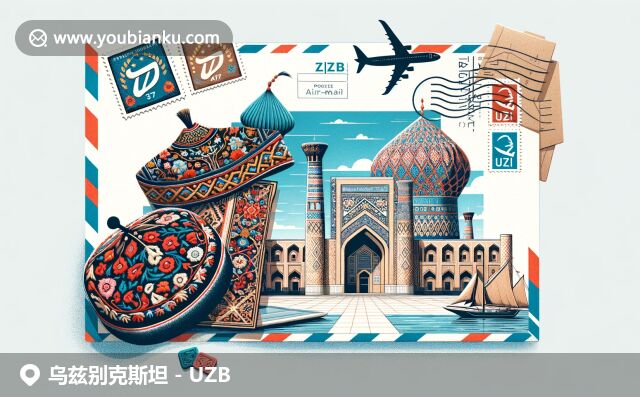 烏茲別克斯坦文化與郵政元素交融：雷吉斯坦廣場(chǎng)、繡花藝術(shù)與烏茲別克帽在航空信封背景中展現(xiàn)