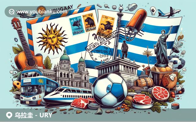 展現(xiàn)烏拉圭郵政與地理文化特色，融合國(guó)旗、雕像和足球元素，彰顯國(guó)家風(fēng)貌與傳統(tǒng)