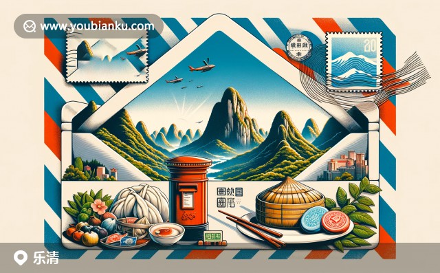 浙江省樂清市特色：雁蕩山、傳統(tǒng)粽子與郵政元素現(xiàn)代設(shè)計的明信片