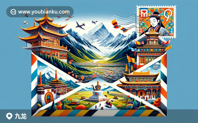 四川省甘孜藏族自治州九龍縣郵票主題插圖：山脈、藏式建筑與節(jié)日慶典