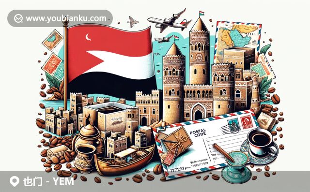 現(xiàn)代插畫展現(xiàn)也門地域與郵政特色，地圖輪廓、國旗、古代塔樓、郵資郵件元素融合