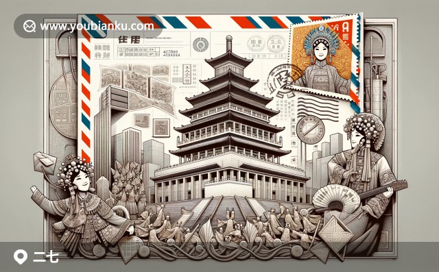 河南省鄭州市二七區(qū)插圖：二七紀(jì)念塔、豫劇服飾與現(xiàn)代郵遞藝術(shù)的交融