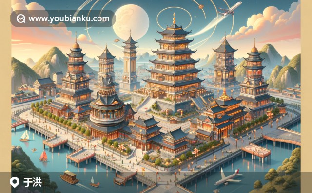 遼寧沈陽(yáng)于洪區(qū)插畫(huà)，融合故宮文化、老邊餃子與郵政元素，郵政編碼110000，彰顯地域與郵政特色