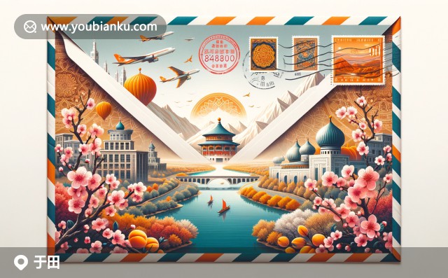 航空信封上的新疆和田風情：流水、杏花盛開及傳統(tǒng)維吾爾建筑的精美組合