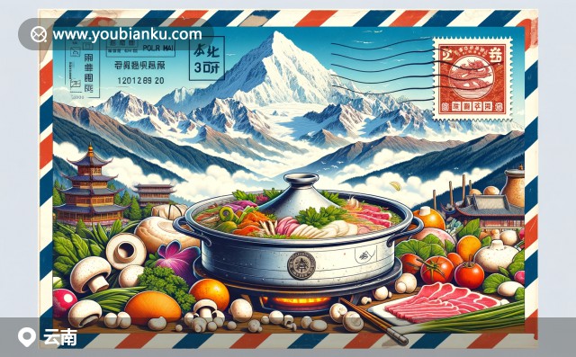 云南風(fēng)情：玉龍雪山壯麗背景下的火鍋，象征豐富生物多樣性，融入航空郵件元素