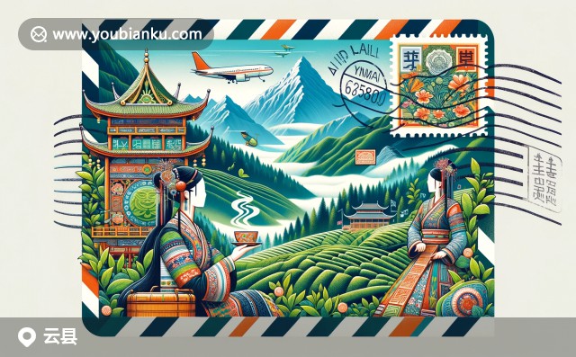 裝飾藝術(shù)風(fēng)格的信封，展示云縣蒼山、哈尼族服飾、普洱茶和675800郵政編碼