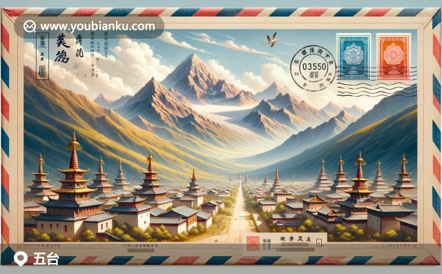 五臺山五峰與佛教寺廟郵票插畫，郵政編碼035500，展現(xiàn)中國傳統(tǒng)文化與地理特色