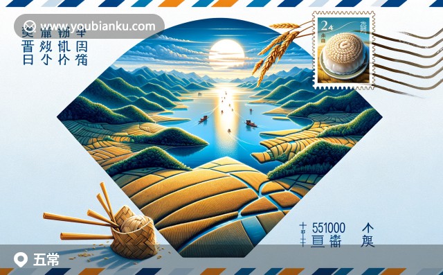創(chuàng)意郵件插圖：五常大米的廣闊田地，五常湖的寧?kù)o倒影與特色粽子，郵政編碼150200