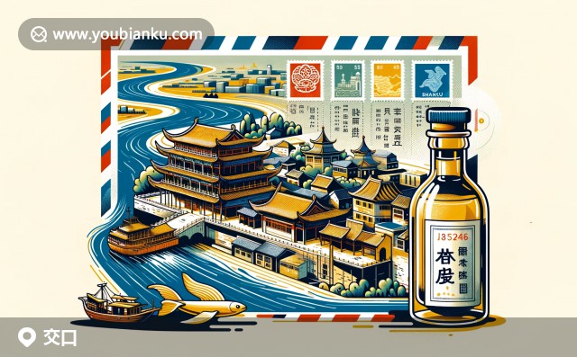 風(fēng)格化航空信封，展示黃河、傳統(tǒng)建筑、山西醋 - 交口縣地標(biāo)特色與郵政藝術(shù)
