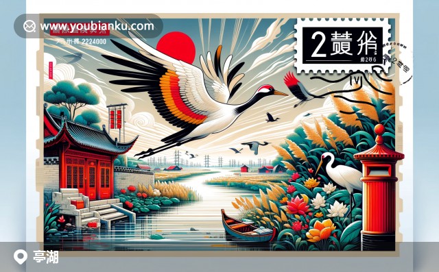 鹽城市亭湖區(qū)郵票插畫(huà)：蘆葦蕩、丹頂鶴、古城墻與郵政元素
