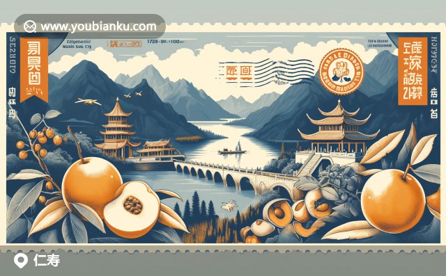 郵編620500：五龍湖、仁壽大佛與山茶花裝飾的2024年3月19日航空信封插畫