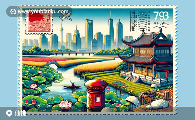 描繪了夢(mèng)里水鄉(xiāng)文化旅游區(qū)的美麗景色，水面、古建筑、小舟和荷葉共同構(gòu)成一幅寧?kù)o畫(huà)面