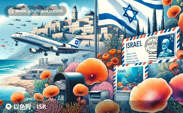 展現以色列文化與自然美景的航空郵件設計，融合國旗、老城區(qū)和死海圖案