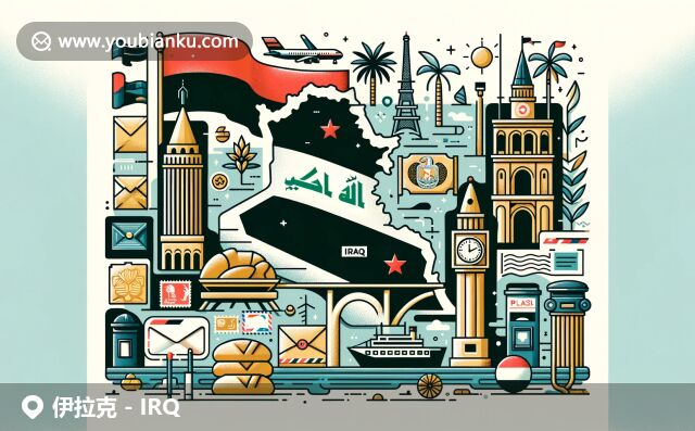 展現(xiàn)伊拉克多元文化與郵政特色，插圖包括國(guó)旗、巴格達(dá)鐘樓、地圖輪廓、棕櫚樹、馕、明信片、航空信封、郵票、郵筒和郵差