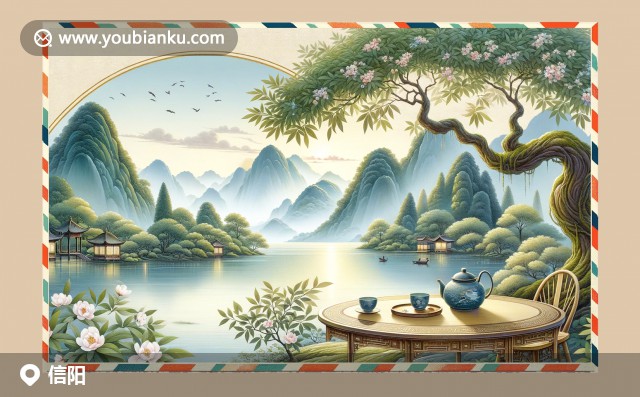 信陽地域特色與郵政元素完美結(jié)合，展現(xiàn)毛尖、大腸湯與南灣湖風光，中國風郵票郵戳點綴