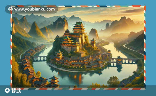 修武縣特色郵票圖案，展示黃河古堡、云臺(tái)山景色及傳統(tǒng)美食燴面