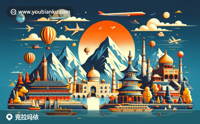 克拉瑪依油田油井、管道與魔鬼城雅丹地貌的現(xiàn)代插畫，展現(xiàn)西部礦業(yè)博物館及中國郵票圖案