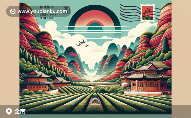 郵票上的全南縣風(fēng)光：丹霞地貌、茶園背景下的客家土樓與341800郵政編碼