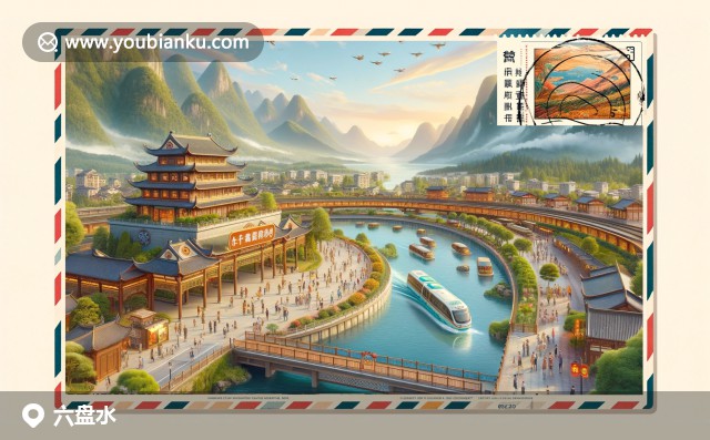 六盤水特色元素展示：鐘山風景區(qū)的天池、涼都黃粑、盤州老鴨湯與具有地域特色的航空信封