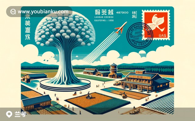 現(xiàn)代插畫：蘭考梨花盛開，特色郵筒與中國風(fēng)郵票，展示蘭考著名景點的航空信封