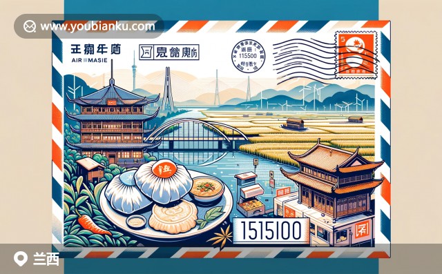 黑龍江省綏化市蘭西縣郵遞插畫：農(nóng)業(yè)風(fēng)光、歷史橋梁與傳統(tǒng)餃子象征的郵政特色