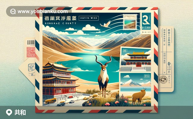 青海省海南藏族自治州共和縣的插圖，展示青海湖、藏羚羊、傳統(tǒng)藏式建筑與航空郵件主題設(shè)計