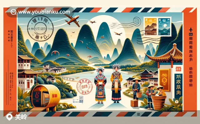 壯麗卡斯特山脈下的布依族苗族傳統(tǒng)服飾與郵政元素插圖，展現(xiàn)關(guān)嶺的自然與文化遺產(chǎn)