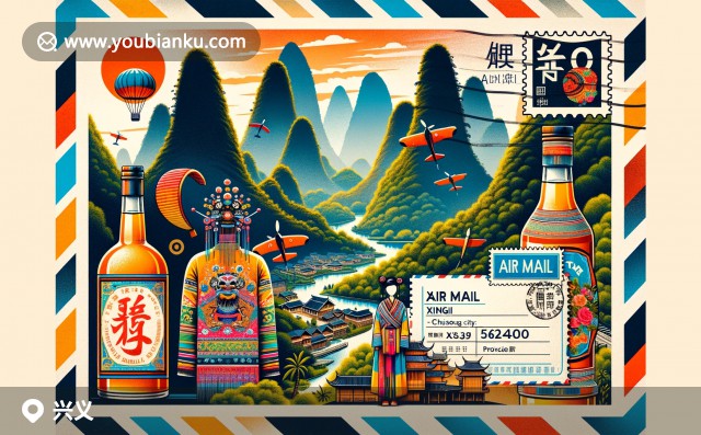 航空郵件信封上的興義特色：壯麗的萬峰林，苗族服飾與茅臺(tái)酒象征的文化與工藝