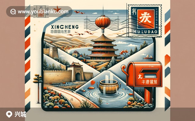 郵政風(fēng)格信封，展現(xiàn)興城的歷史、自然與海岸特色，包括古城墻、溫泉、海灘、郵票、郵戳和紅色郵筒