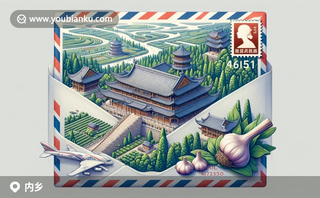 河南省內(nèi)鄉(xiāng)縣郵局特色插圖：縣衙門、大蒜與郵政元素的完美結(jié)合