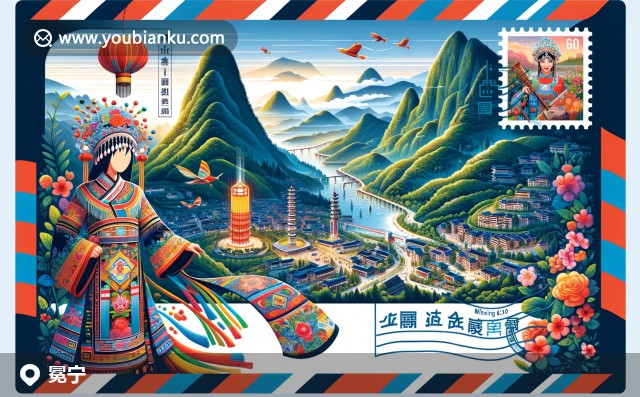 冕寧彝族風(fēng)情與火把節(jié)航空信封插圖，郵票上的冕寧郵編615600